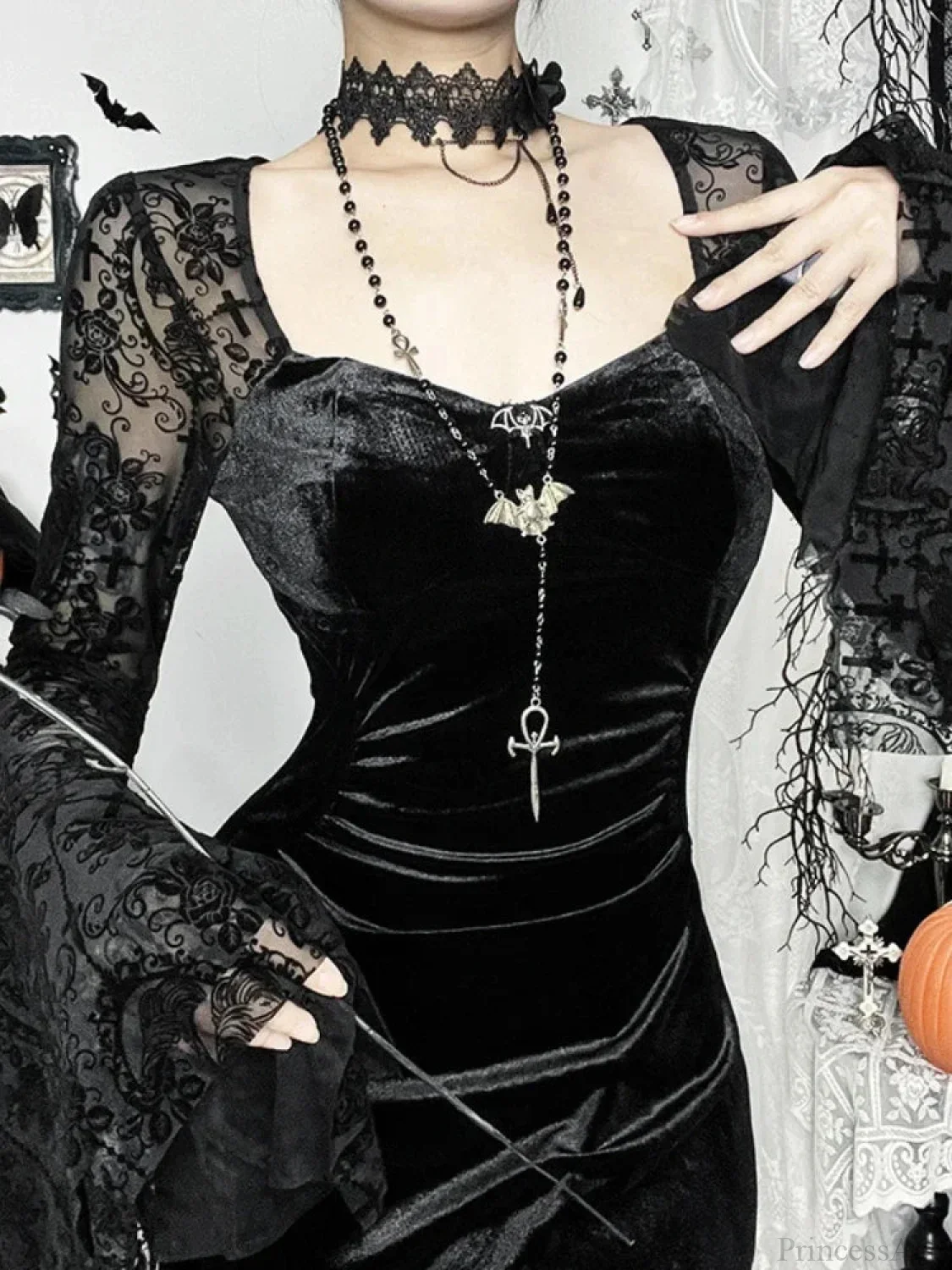 Antique Flare Sleeve Square Collar Full-Length Dress - Image 2
