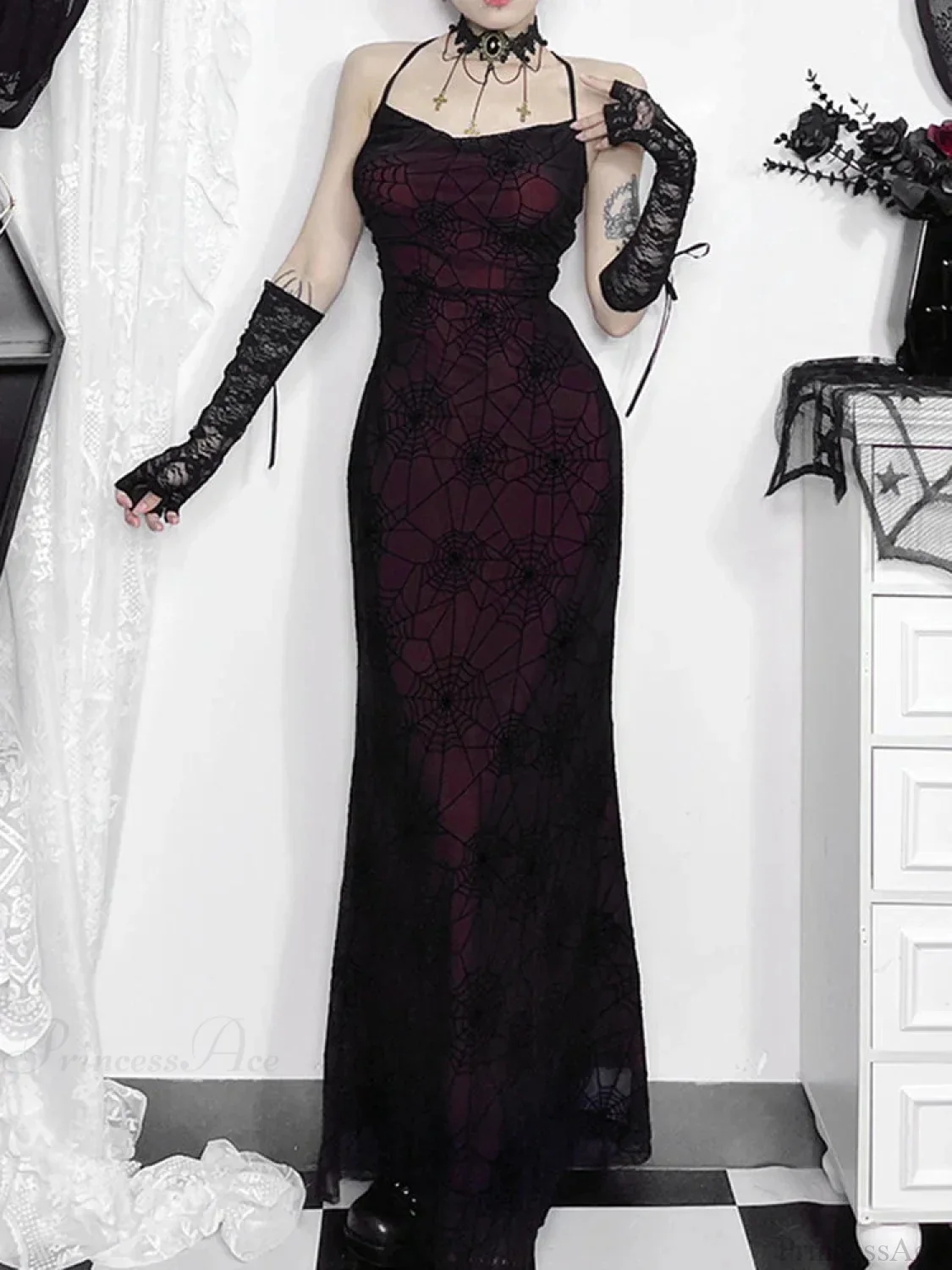 Antique Gloomy Arachnid Net High Waist Full-Length Dress - Image 4