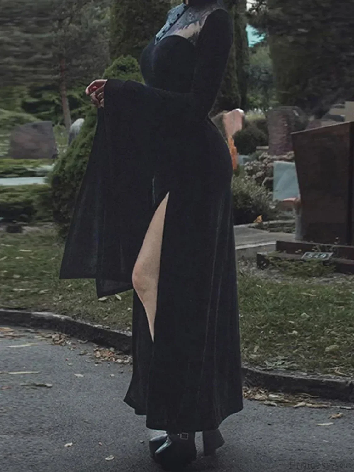 Antique Halloween Lace Patchwork Flare Sleeve Maxi Attire - Image 2