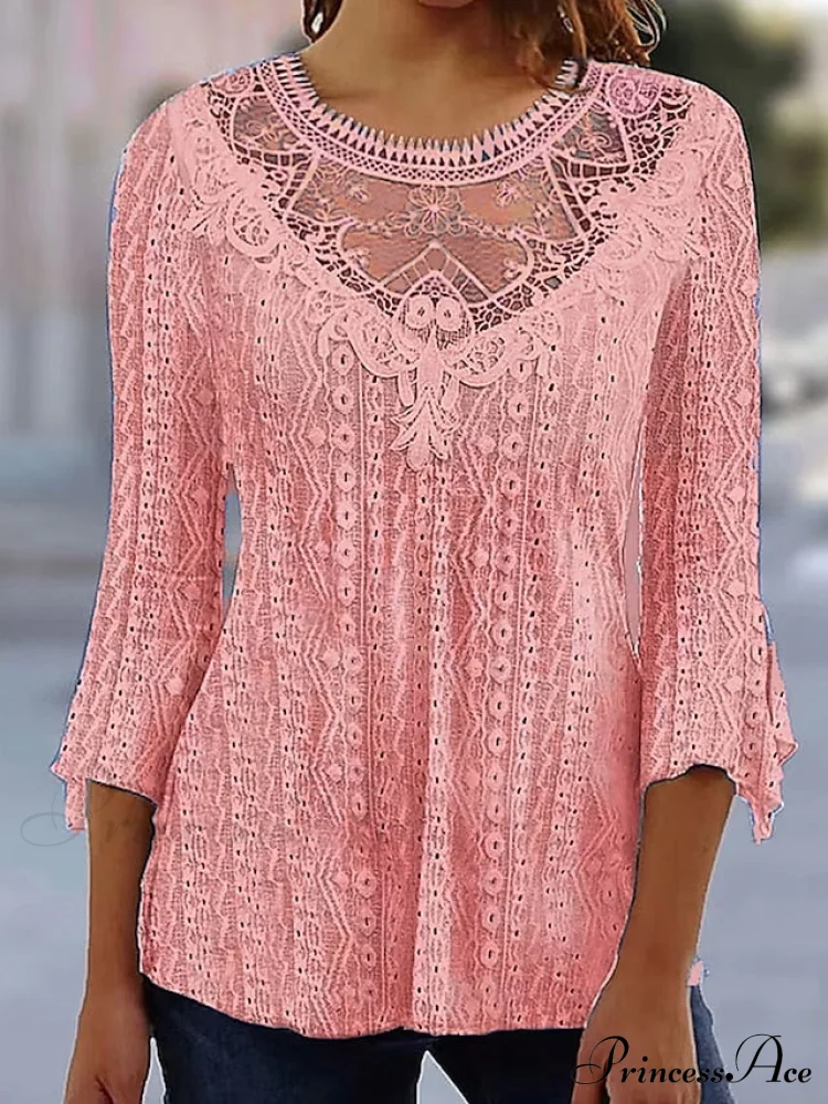 Arm Blouse Neck Black Blouse Pink Round White Lace 3/4 Casual Women's Regular S - Image 2