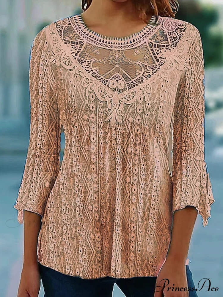 Arm Blouse Neck Black Blouse Pink Round White Lace 3/4 Casual Women's Regular S - Image 4