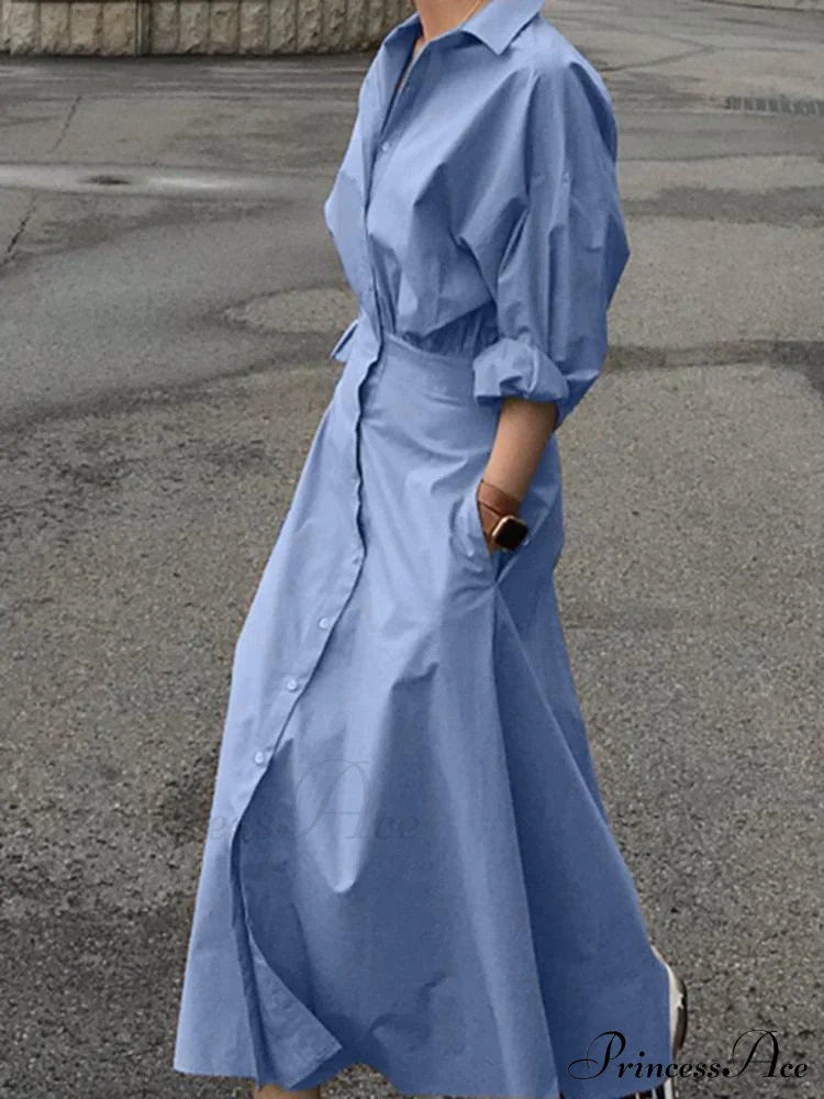 Arm Full-Length Vestidos Casual Female Robe Lapel Gown A Line Blouse Fashion Long Solid Oversized - Image 5