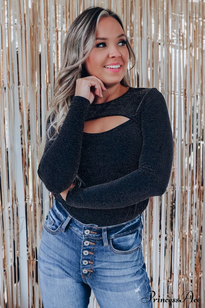 Arm Out in Top Long Metallic Cut Sparkle Black - Image 11