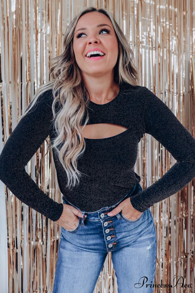Arm Out in Top Long Metallic Cut Sparkle Black - Image 9