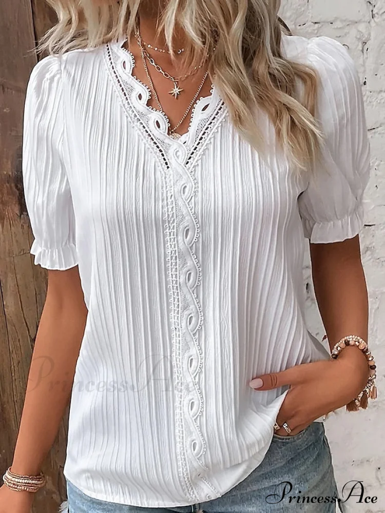 Yellow-Green Lace V-Neck Blouse
