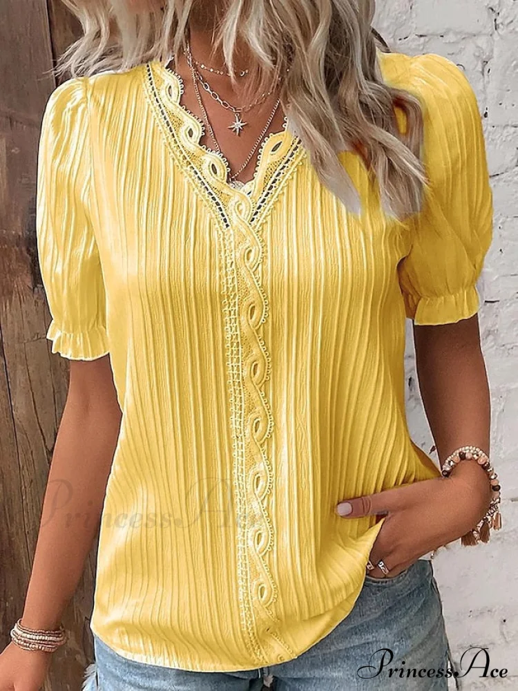 Yellow-Green Lace V-Neck Blouse - Image 4