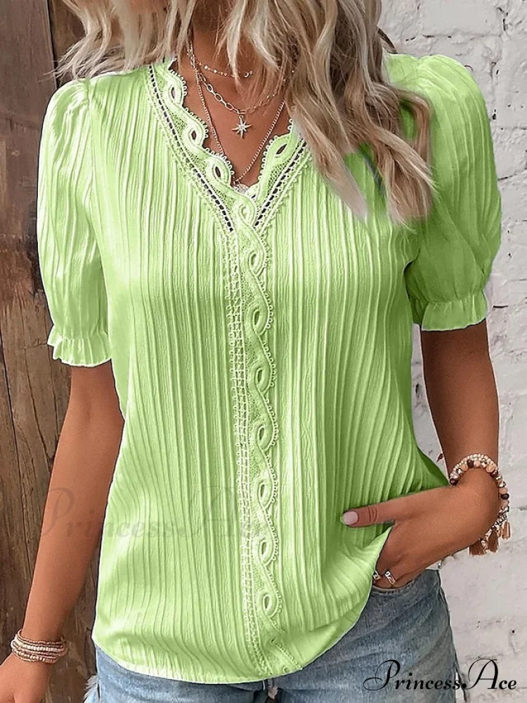 Yellow-Green Lace V-Neck Blouse - Image 5