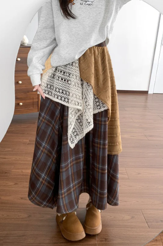 Asymmetric Lace Panel Plaid Skirt - Image 5