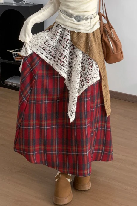 Asymmetric Lace Panel Plaid Skirt - Image 8