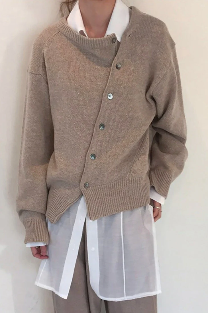 Asymmetrical Button Round Neck Knit Sweater