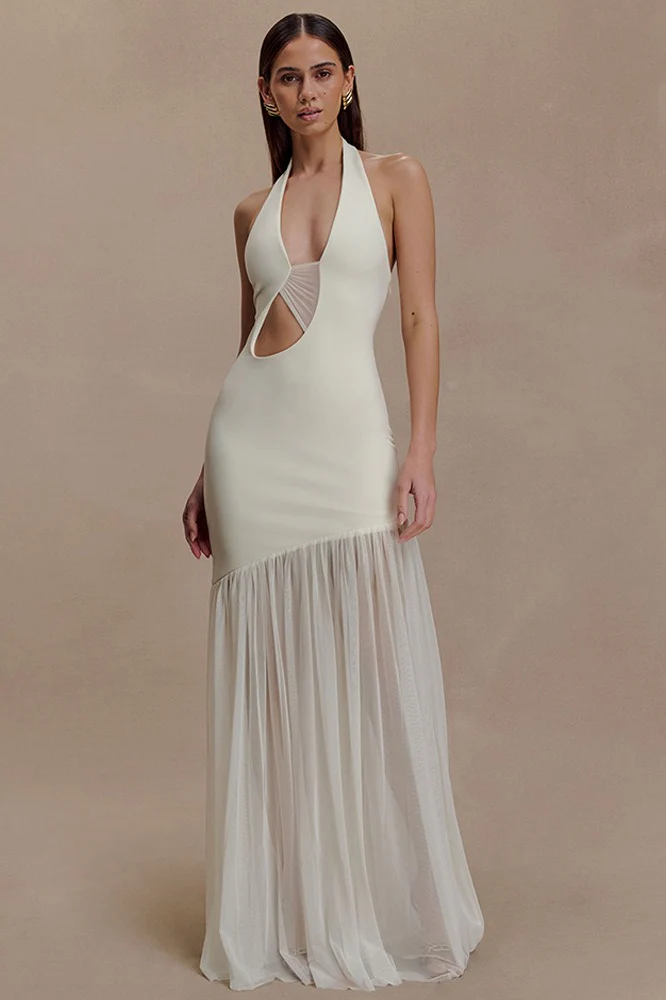 Asymmetrical Cutout Shirred Backless Fitted Maxi Dress