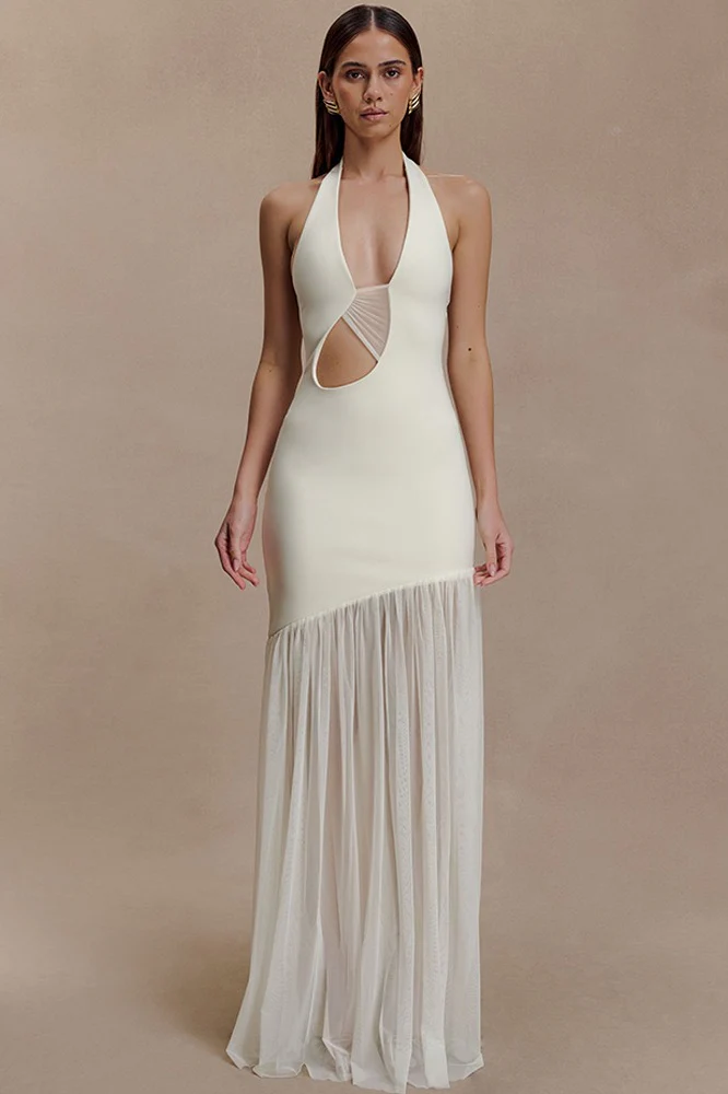 Asymmetrical Cutout Shirred Backless Fitted Maxi Dress - Image 3