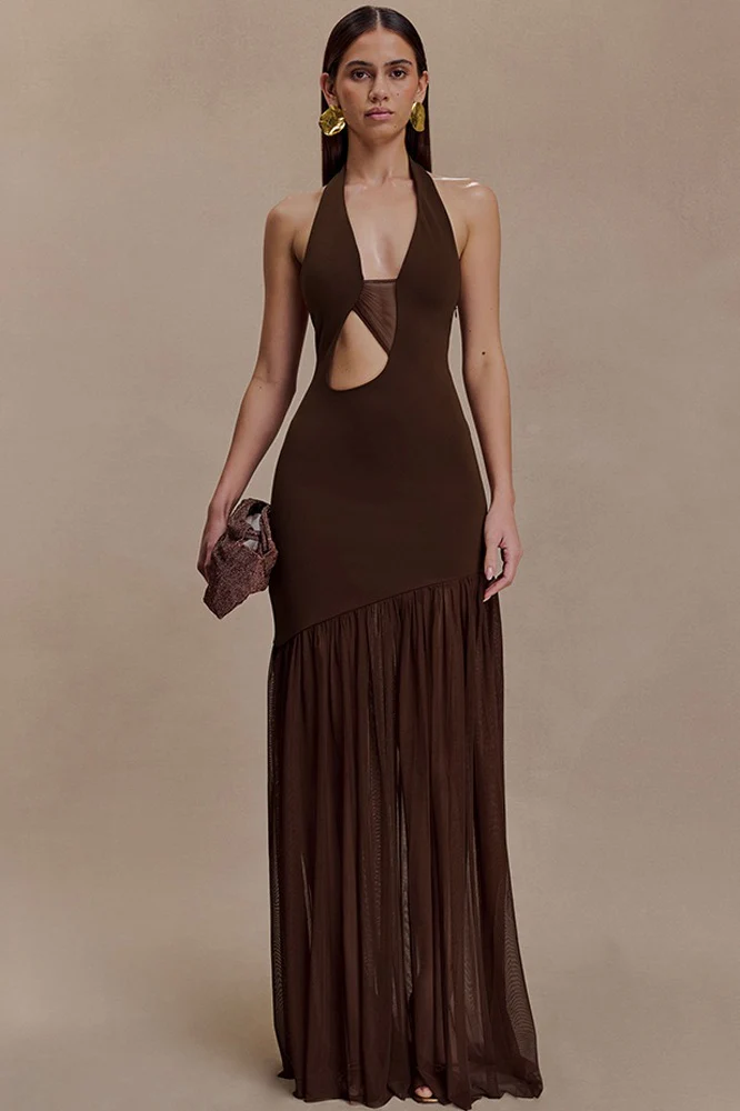 Asymmetrical Cutout Shirred Backless Fitted Maxi Dress - Image 5