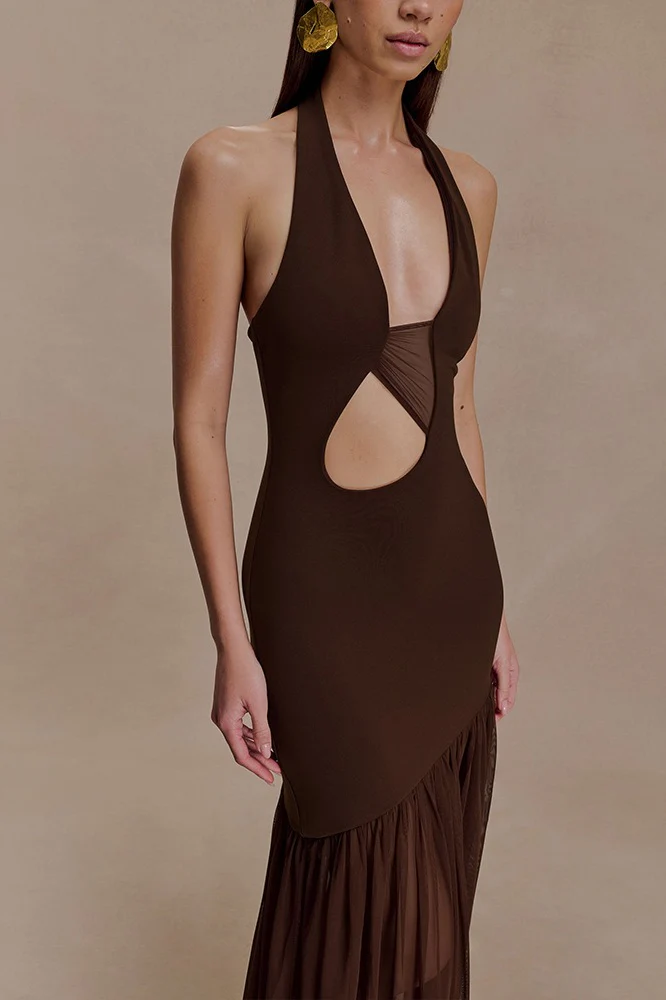 Asymmetrical Cutout Shirred Backless Fitted Maxi Dress - Image 7