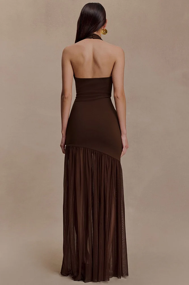 Asymmetrical Cutout Shirred Backless Fitted Maxi Dress - Image 8
