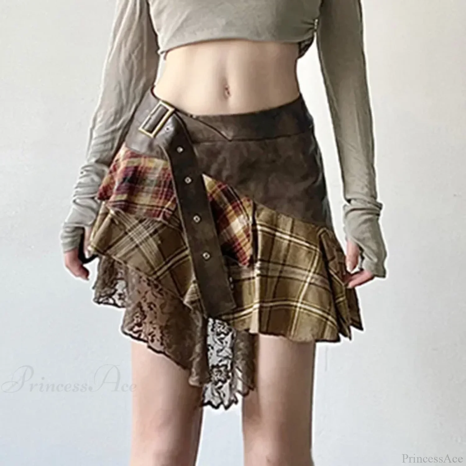 Asymmetrical Lace Stripes Plaid Skirt - Image 2