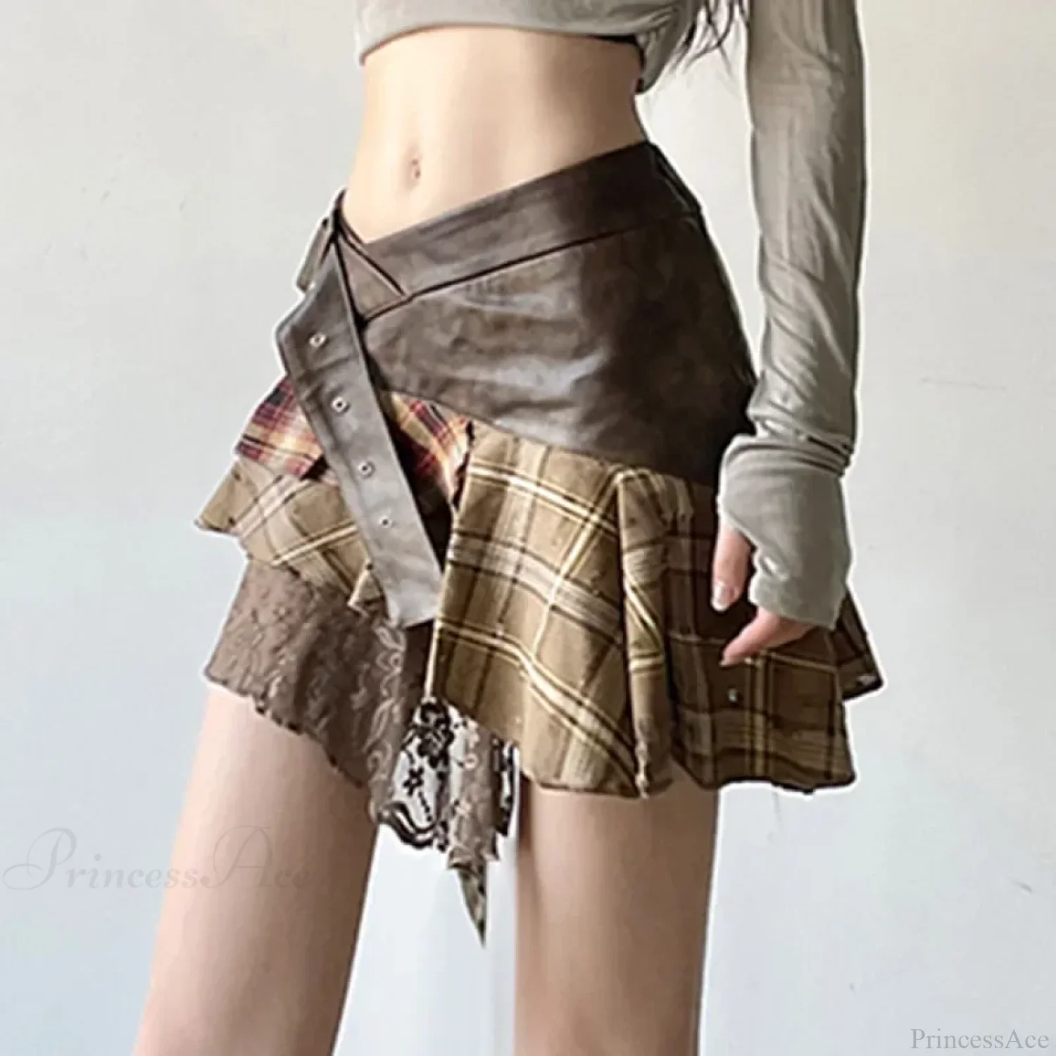 Asymmetrical Lace Stripes Plaid Skirt - Image 4
