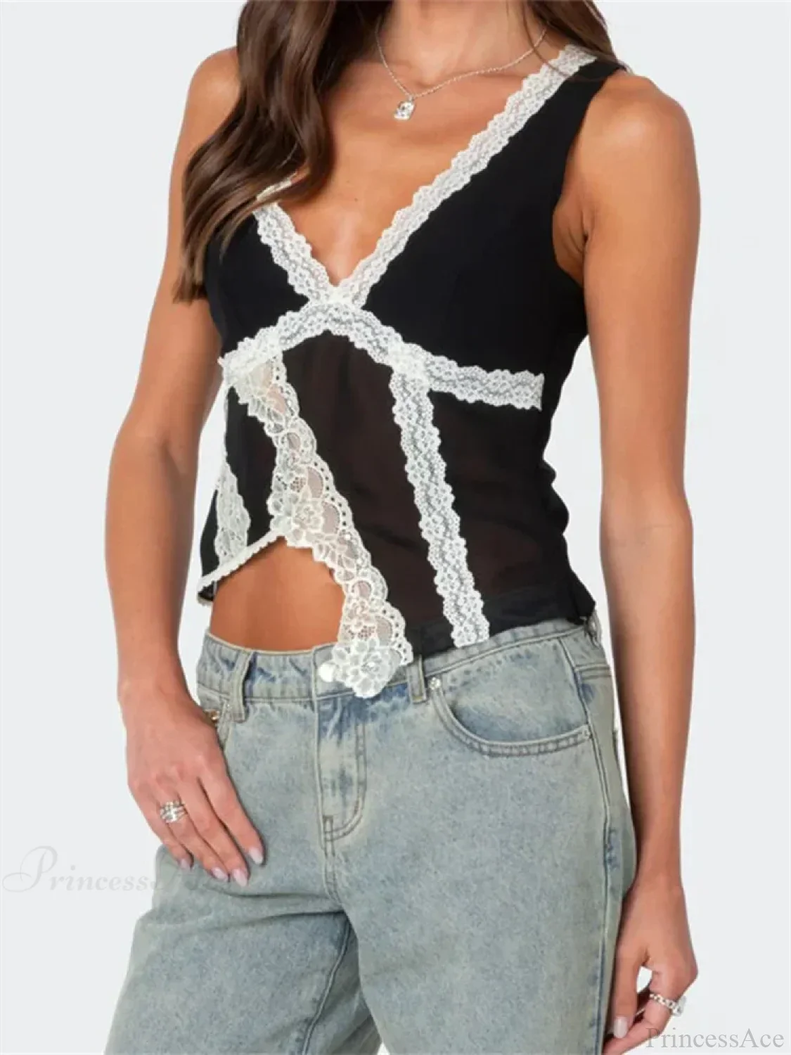 Asymmetrical Lace Trim Deep V-neck Slim Crop Top - Image 2