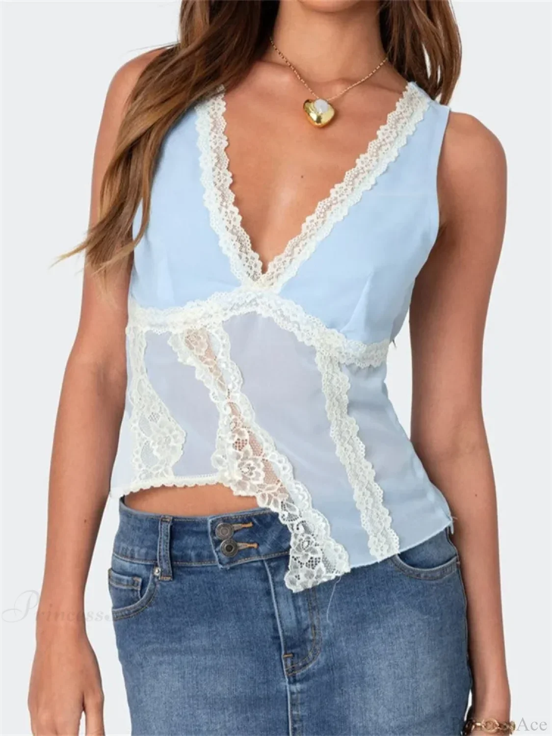 Asymmetrical Lace Trim Deep V-neck Slim Crop Top - Image 4