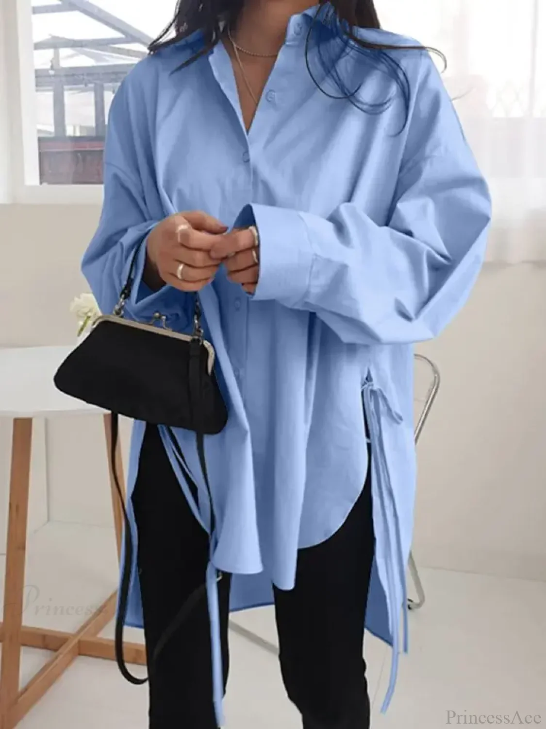 Asymmetrical Lace-Up Button Lapel Blouse