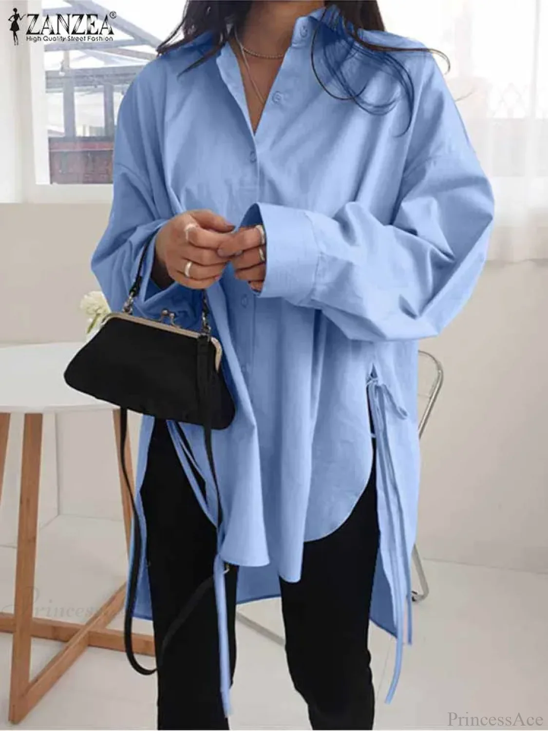 Asymmetrical Lace-Up Button Lapel Blouse - Image 4