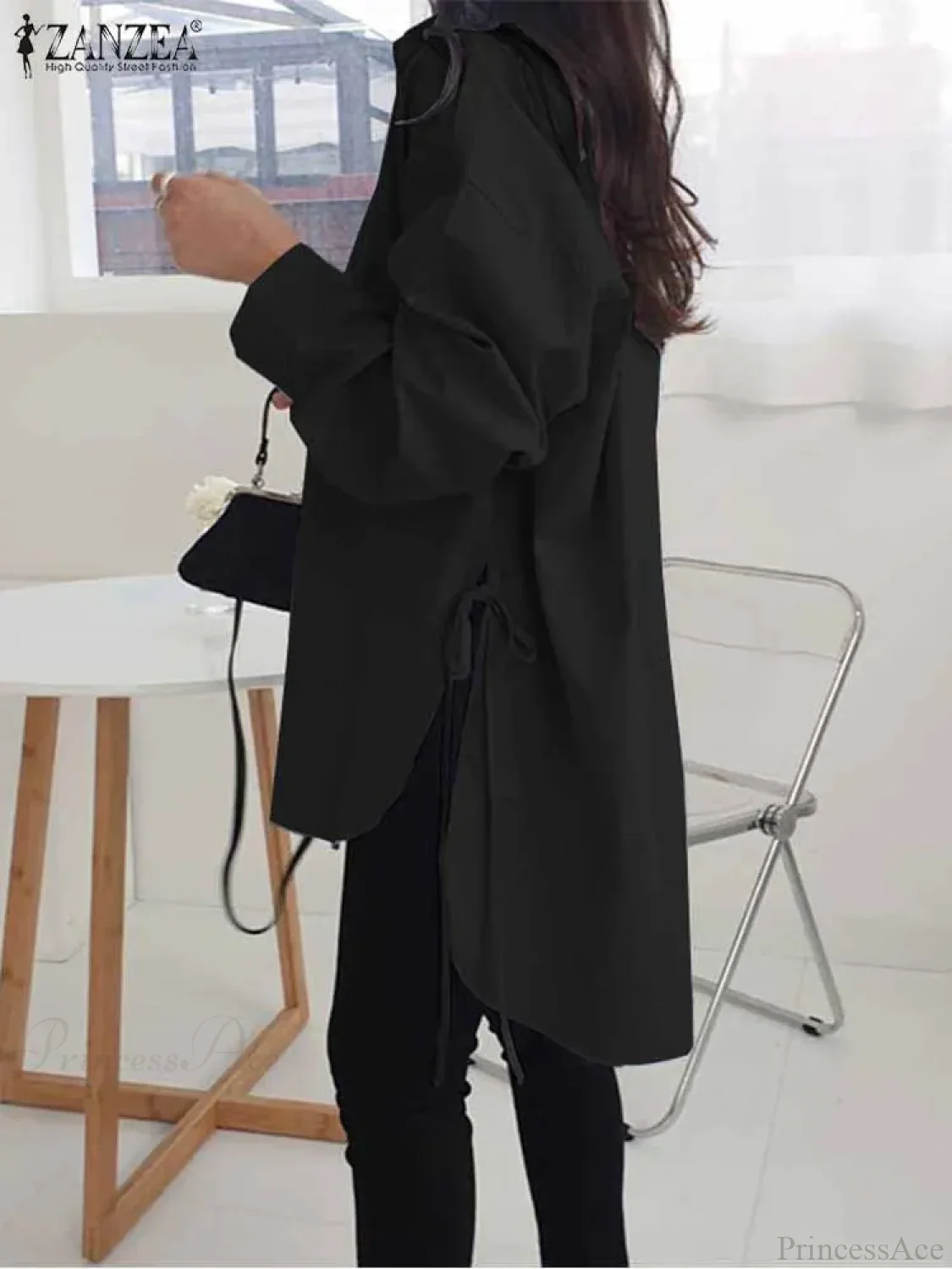 Asymmetrical Lace-Up Button Lapel Blouse - Image 5