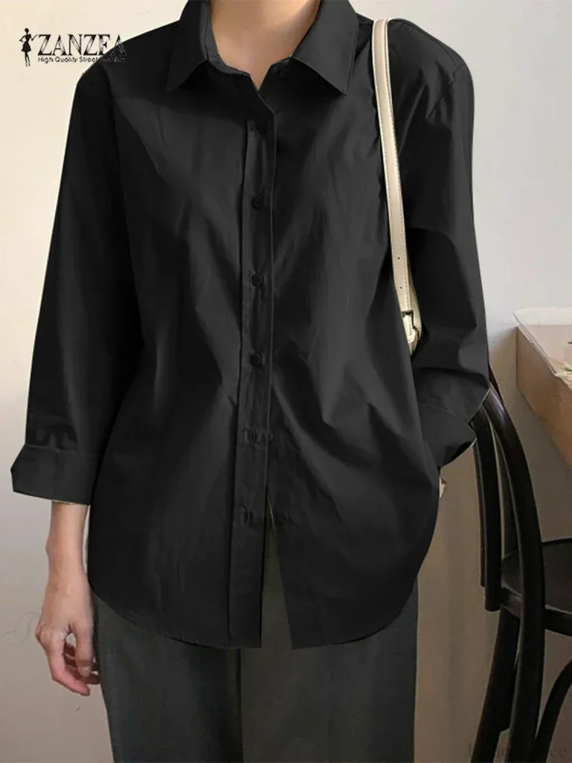 Asymmetrical Lace-Up Button Lapel Blouse - Image 8