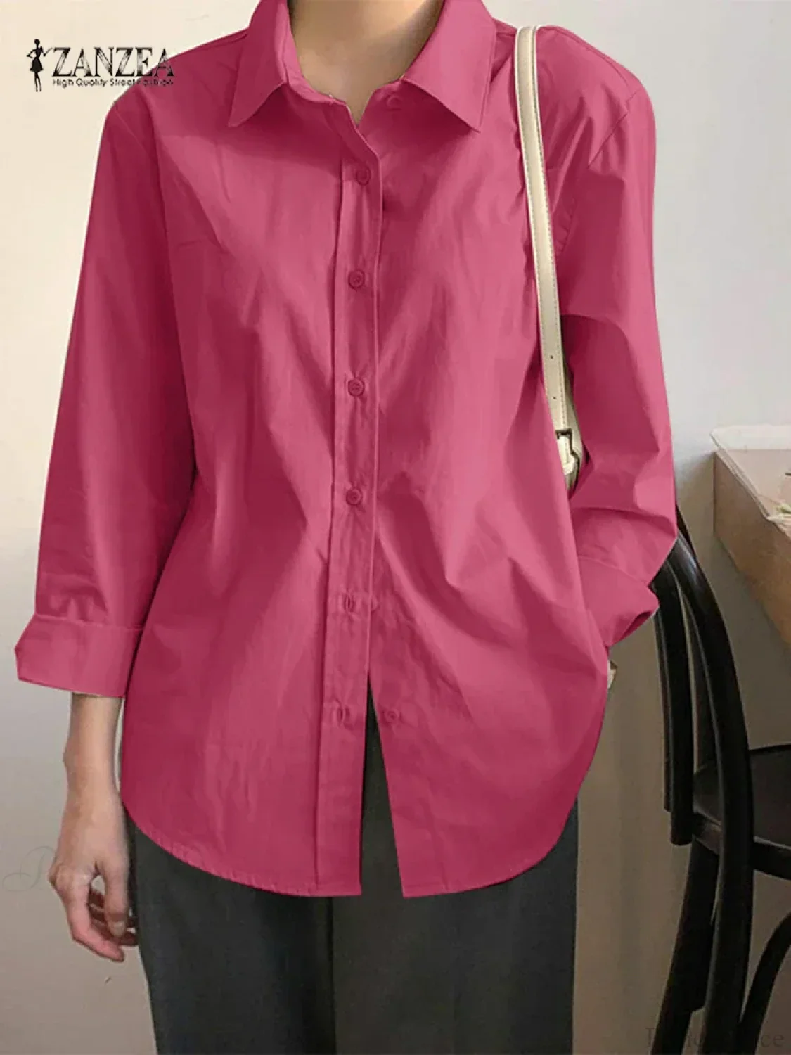 Asymmetrical Lace-Up Button Lapel Blouse - Image 9