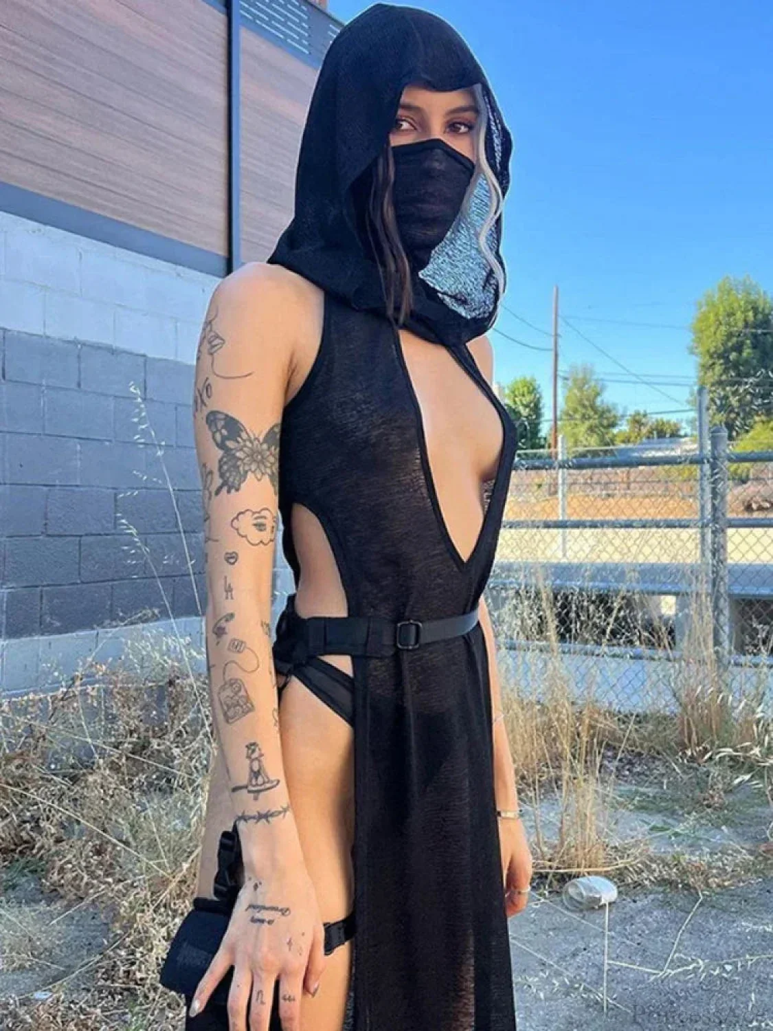 Attractive Rebel Net Hollow Hooded Full-Length Dress - Image 2