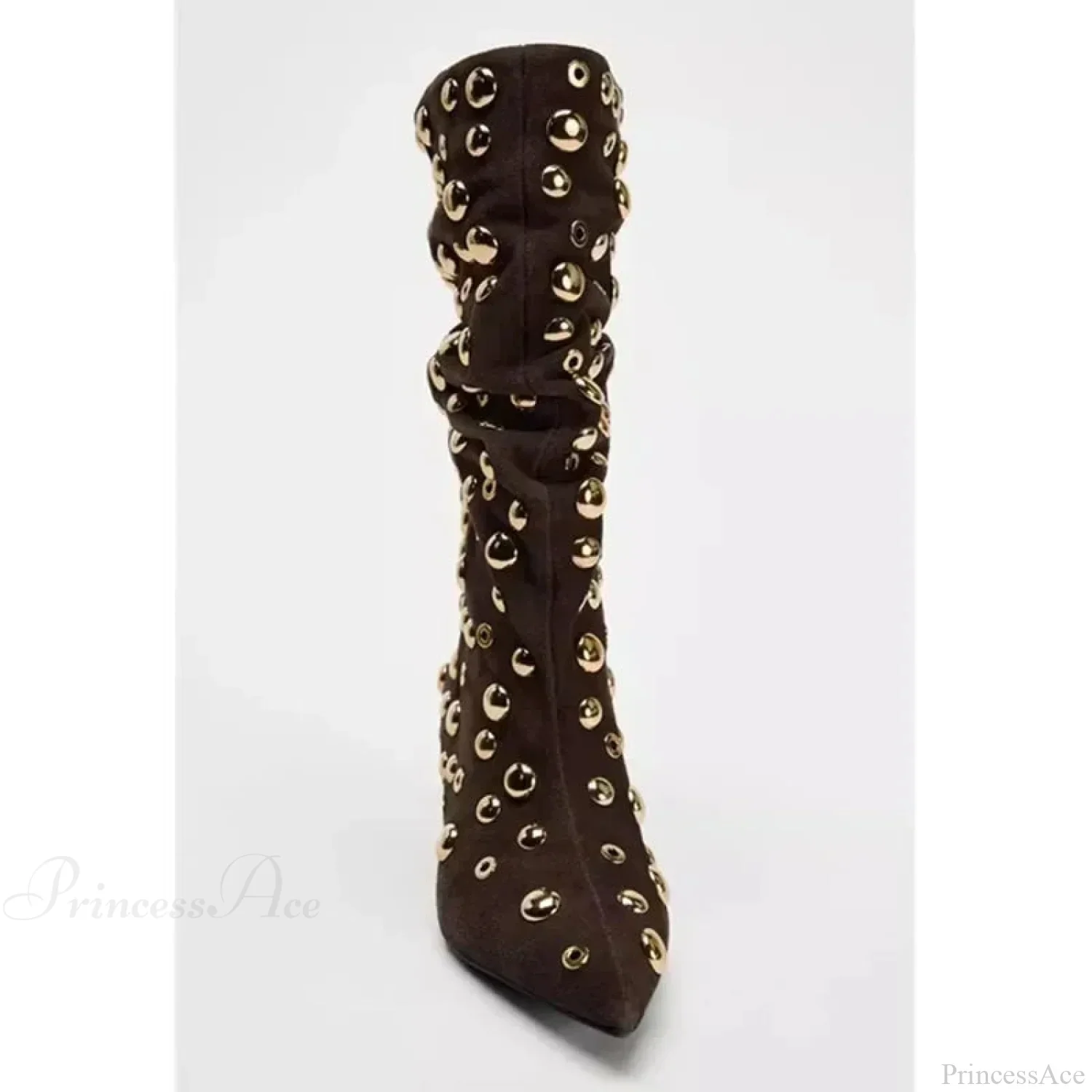 Attractive Rivet Pleated Tall Heel Pointed Gothic Boot - Image 3
