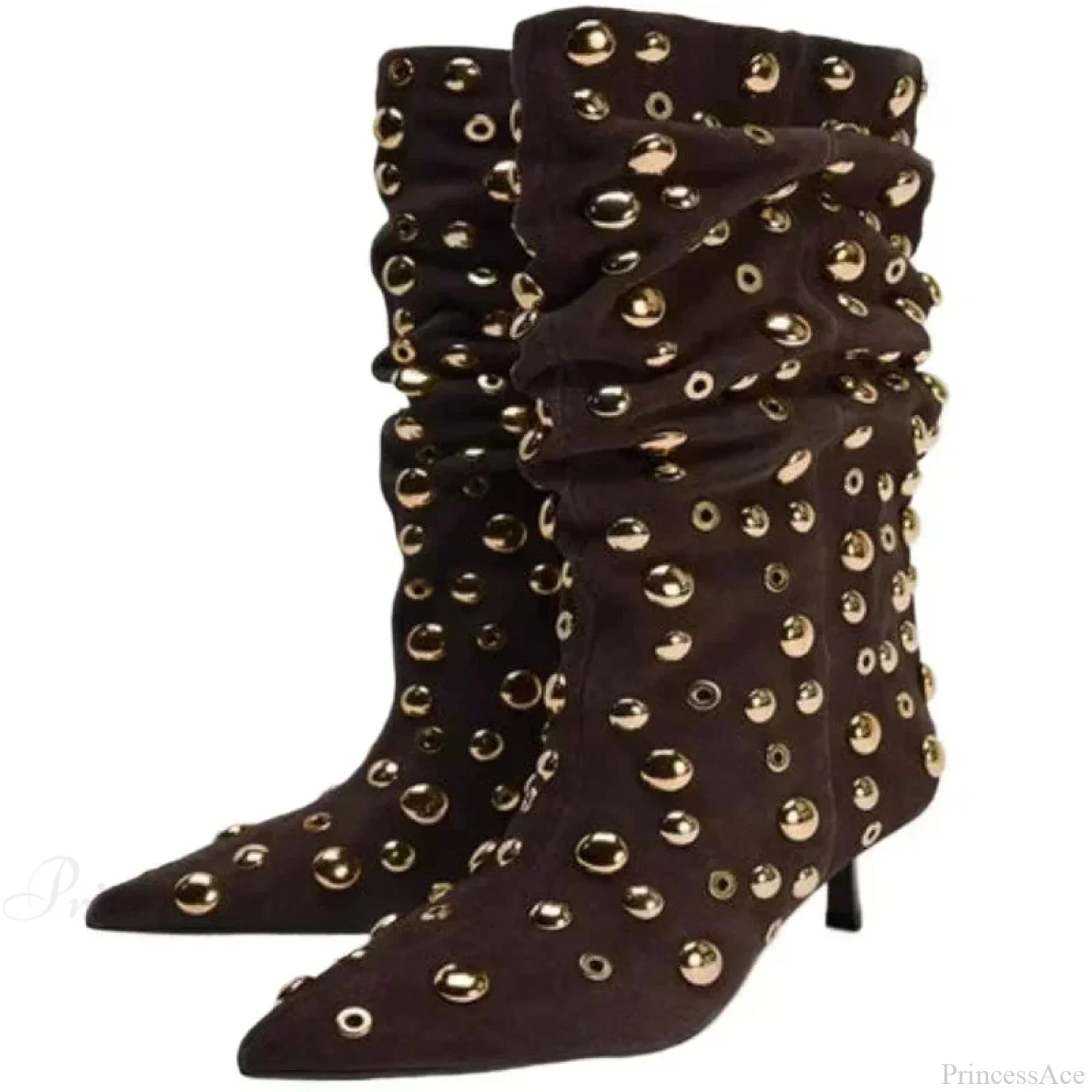 Attractive Rivet Pleated Tall Heel Pointed Gothic Boot - Image 4