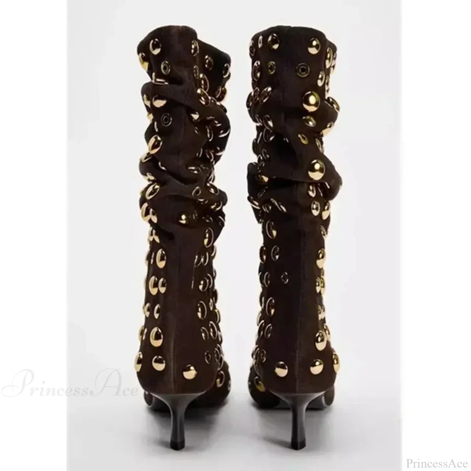 Attractive Rivet Pleated Tall Heel Pointed Gothic Boot - Image 5