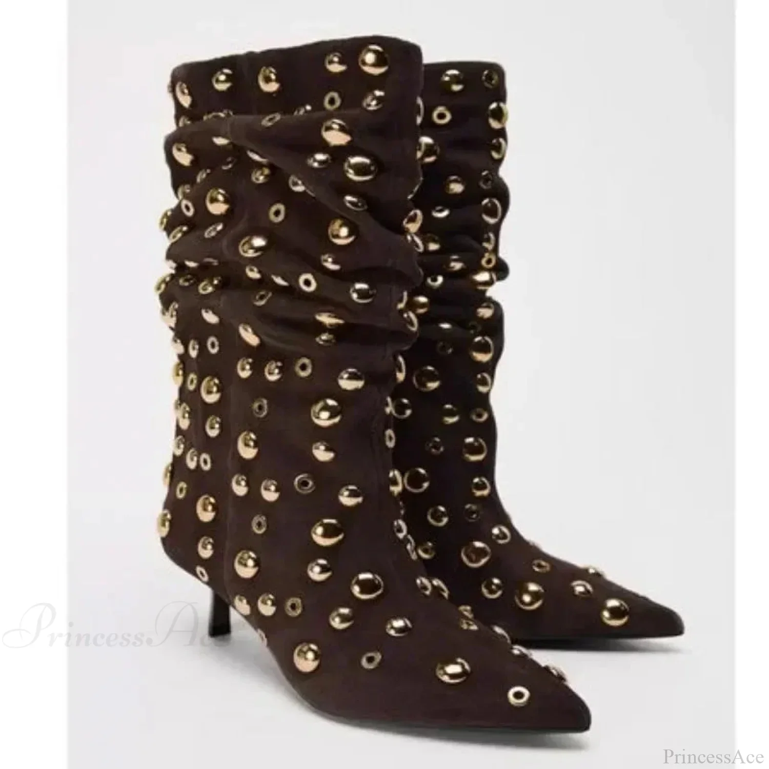 Attractive Rivet Pleated Tall Heel Pointed Gothic Boot - Image 6
