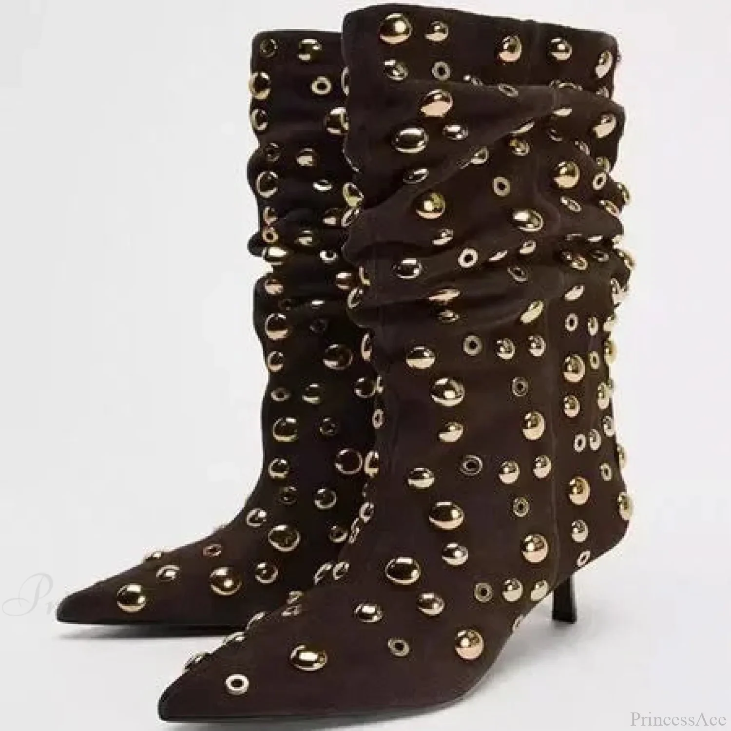 Attractive Rivet Pleated Tall Heel Pointed Gothic Boot - Image 7
