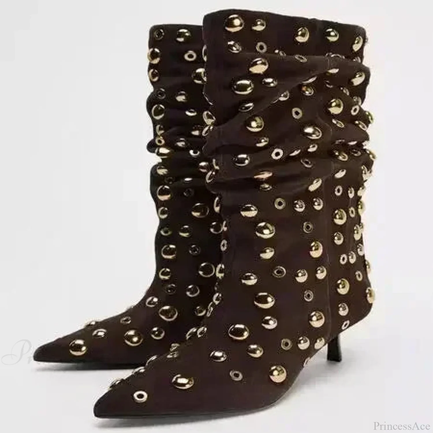 Attractive Rivet Pleated Tall Heel Pointed Gothic Boot - Image 8
