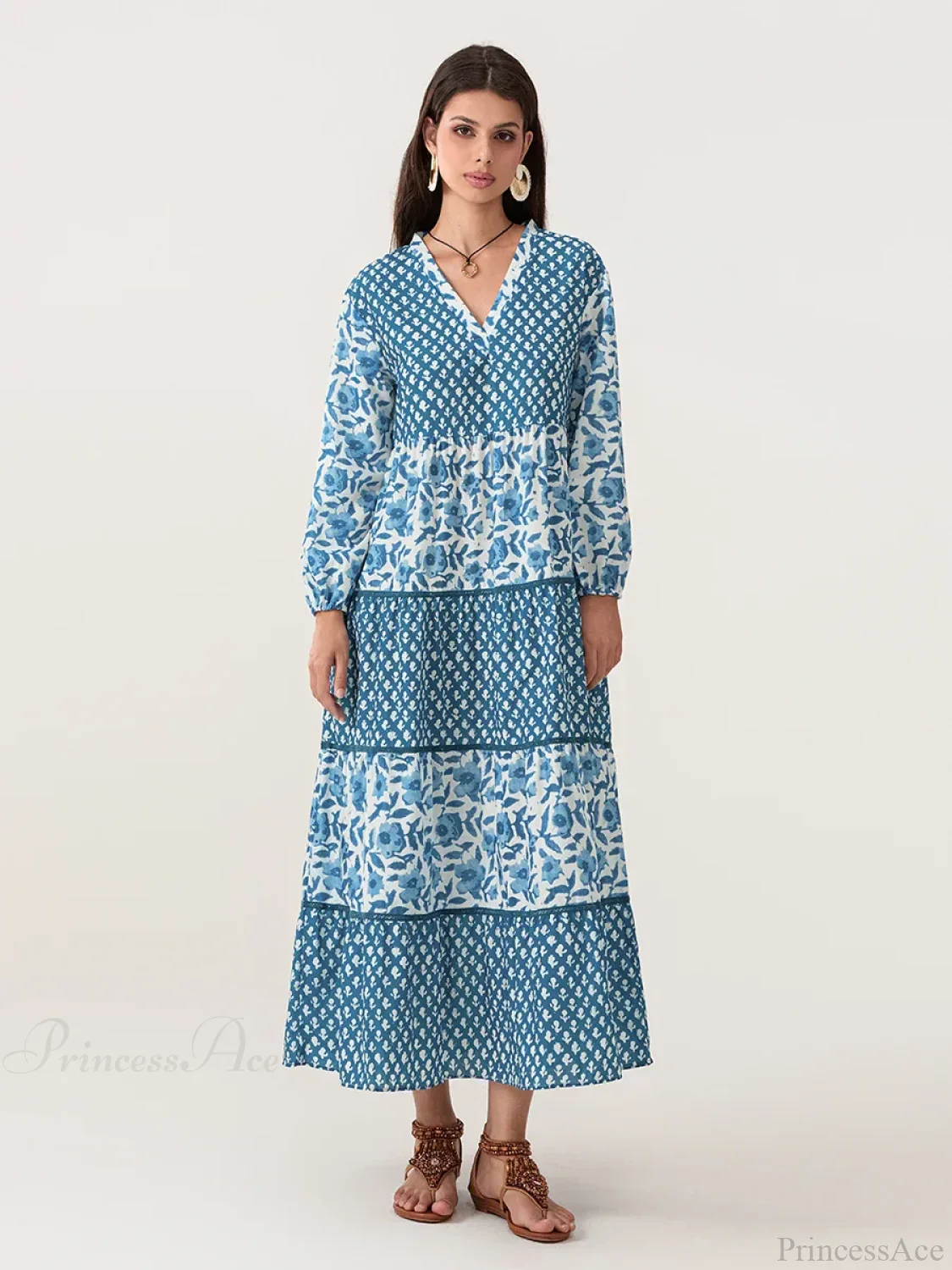 Autumn Floral Long Sleeve V-Neck Loose A-Line Floral Dress - Image 3