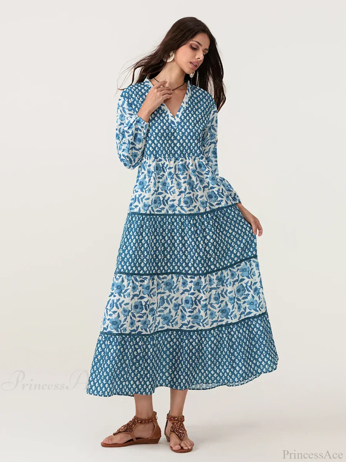 Autumn Floral Long Sleeve V-Neck Loose A-Line Floral Dress - Image 5