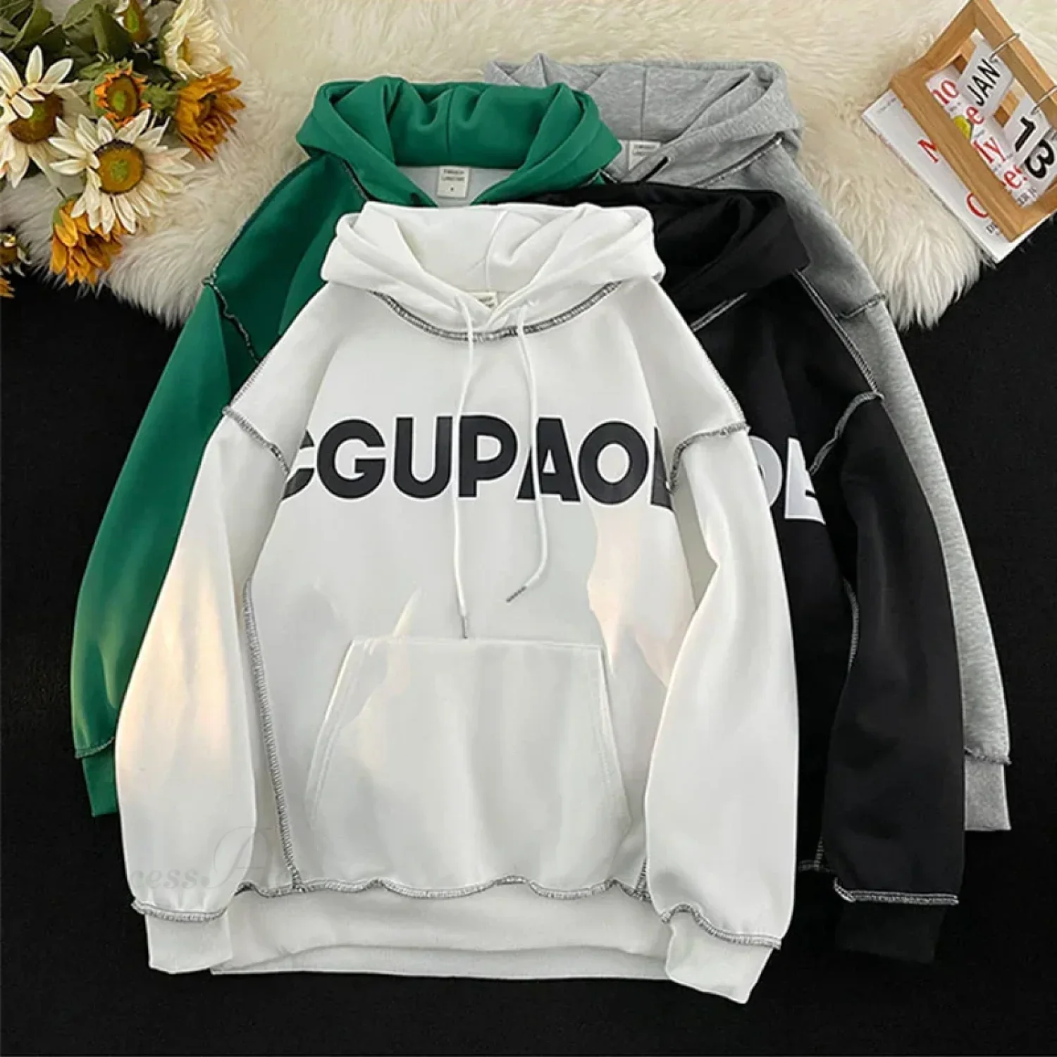 Autumn Letter Print Loose Fleece Hoodie - Image 3