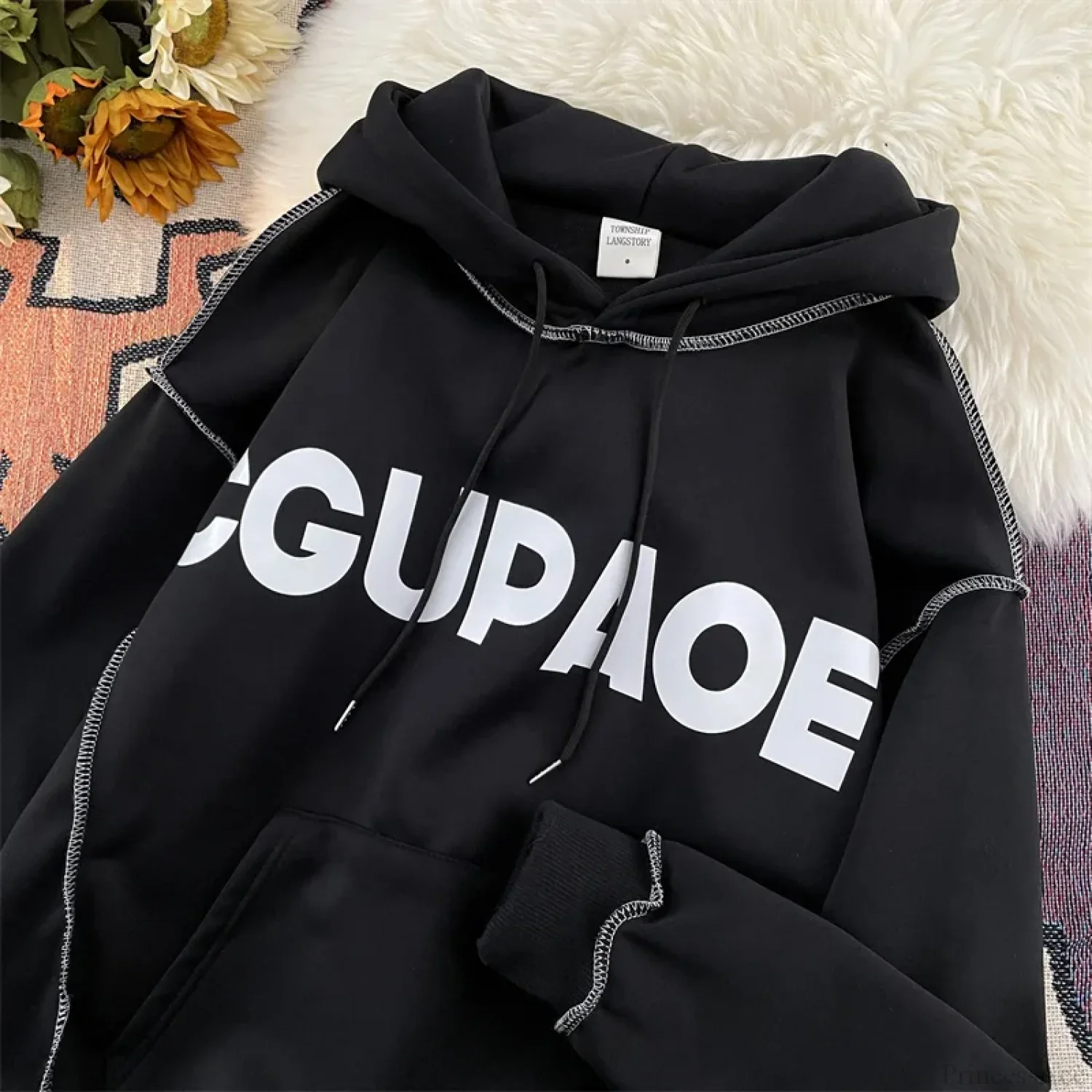 Autumn Letter Print Loose Fleece Hoodie - Image 5