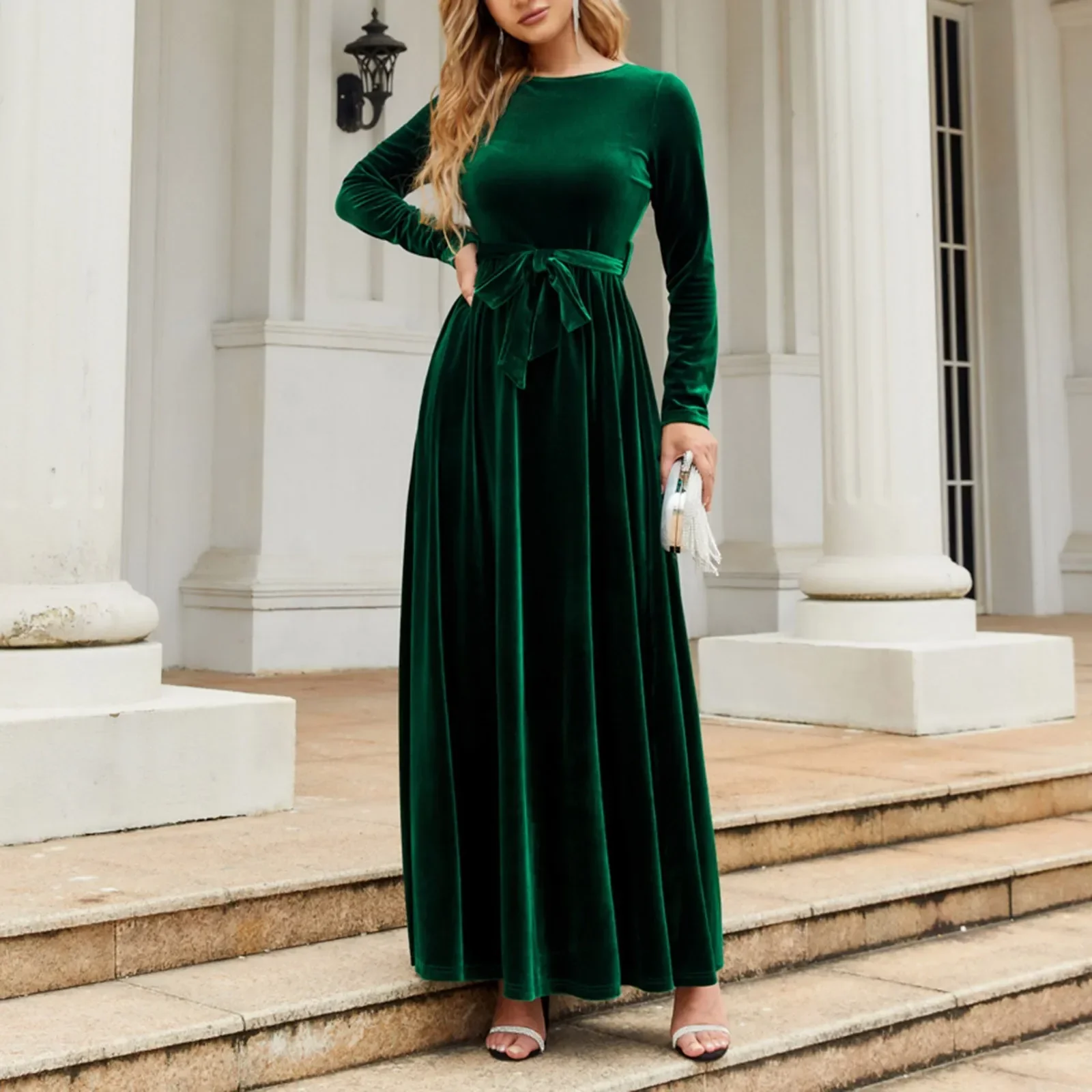 Autumn New Green Velvet Long Dress Elegant Vintage O-neck Lace-up Party Dress - Image 2