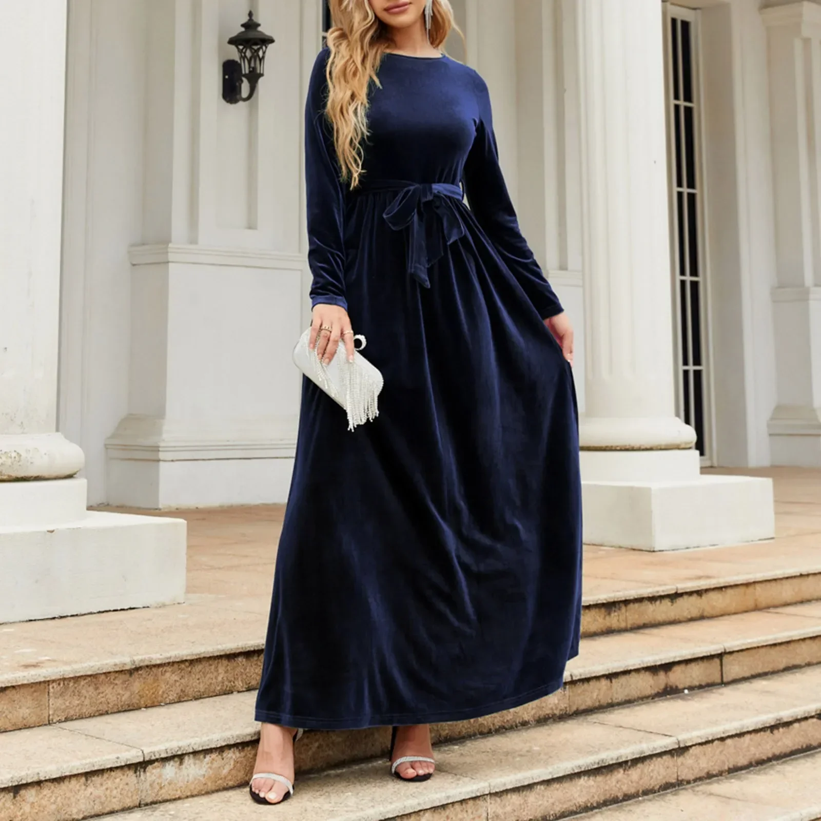 Autumn New Green Velvet Long Dress Elegant Vintage O-neck Lace-up Party Dress - Image 3