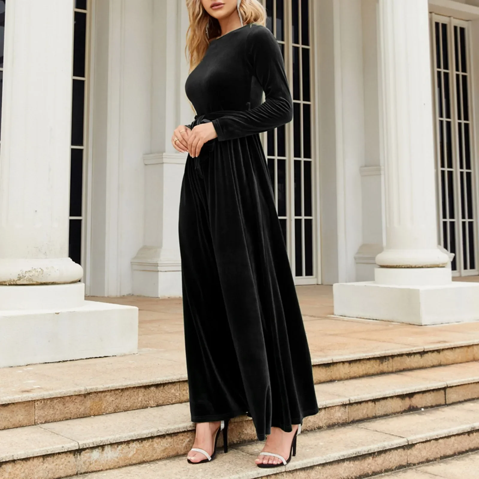 Autumn New Green Velvet Long Dress Elegant Vintage O-neck Lace-up Party Dress - Image 5