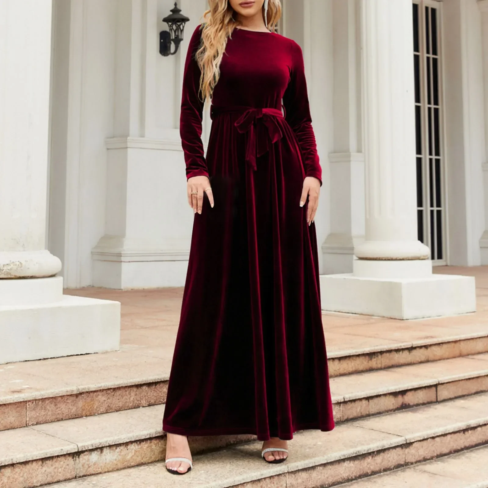 Autumn New Green Velvet Long Dress Elegant Vintage O-neck Lace-up Party Dress - Image 6