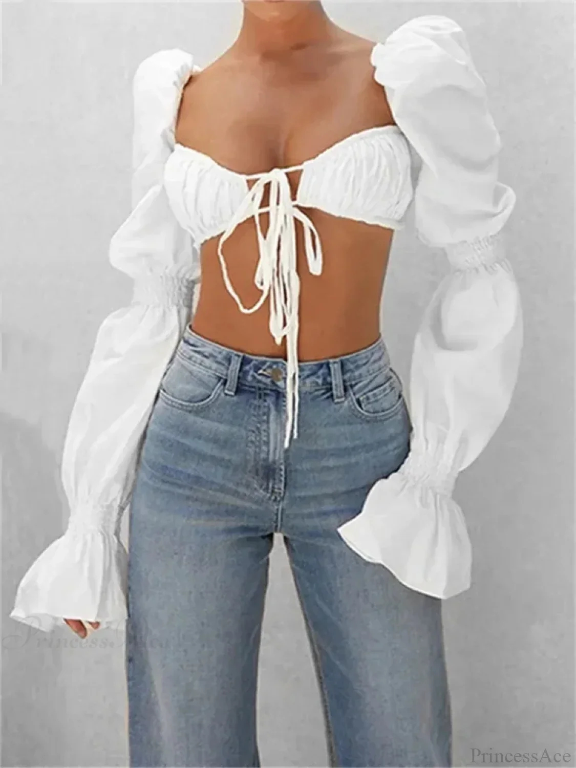 Autumn Puff Long Sleeve Square Neck Tie-up Blouse - Image 2