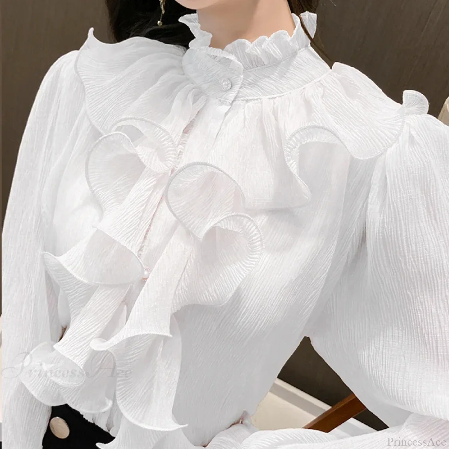 Autumn Ruffled Lace Chiffon Stand Collar Blouse - Image 3