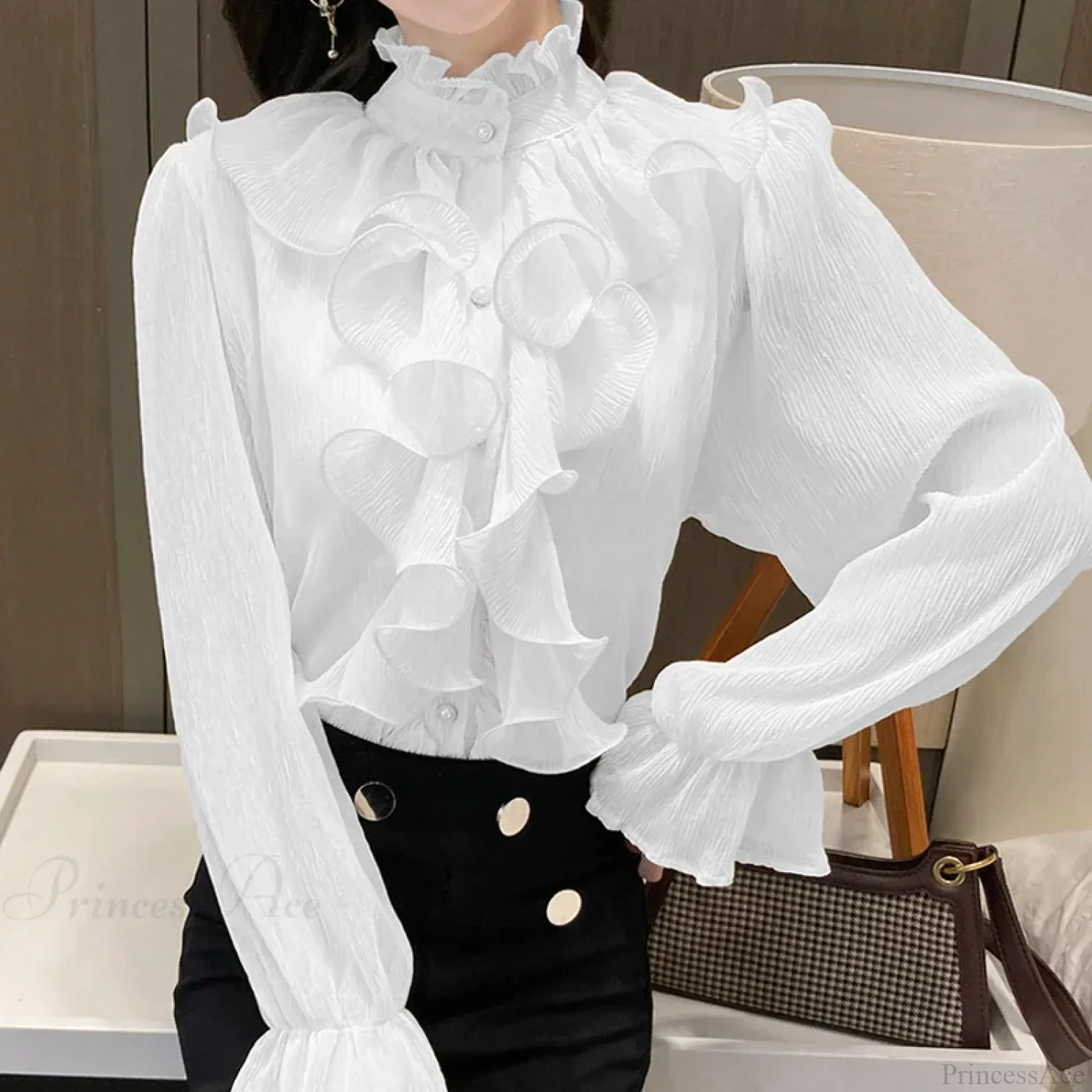 Autumn Ruffled Lace Chiffon Stand Collar Blouse - Image 6
