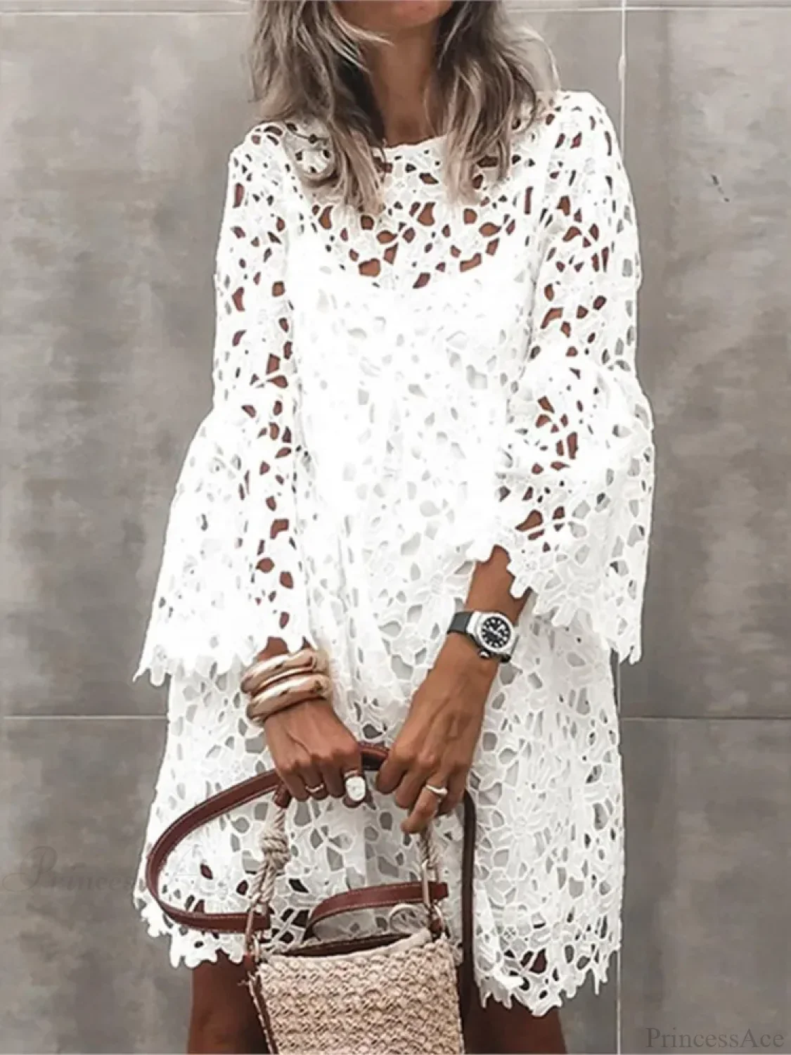 Autumn Solid Color Lace Hollow Floral Casual Floral Dress