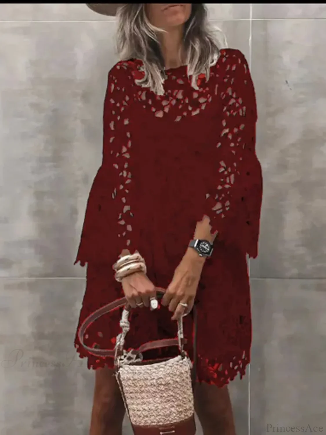 Autumn Solid Color Lace Hollow Floral Casual Floral Dress - Image 3