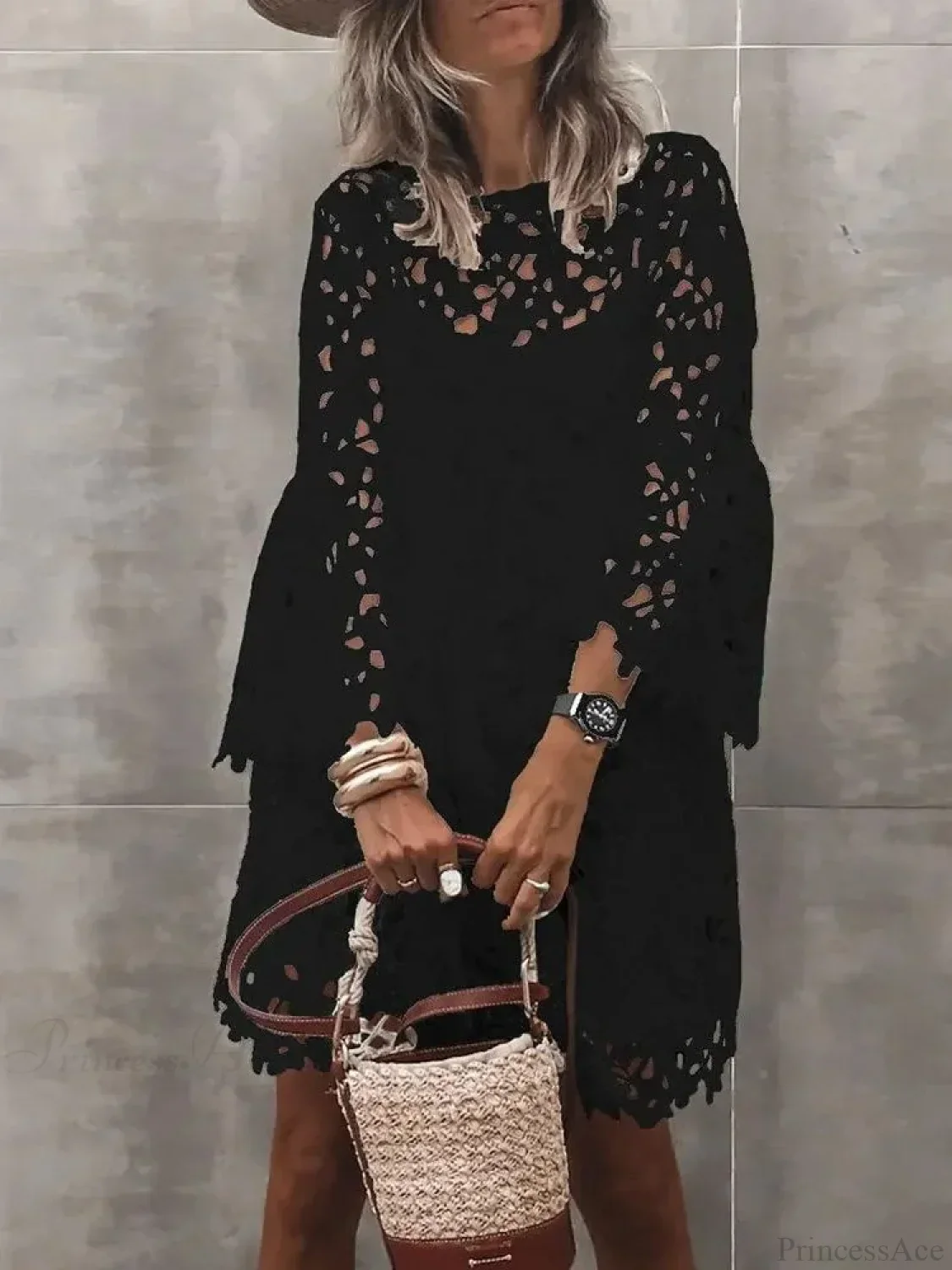 Autumn Solid Color Lace Hollow Floral Casual Floral Dress - Image 4