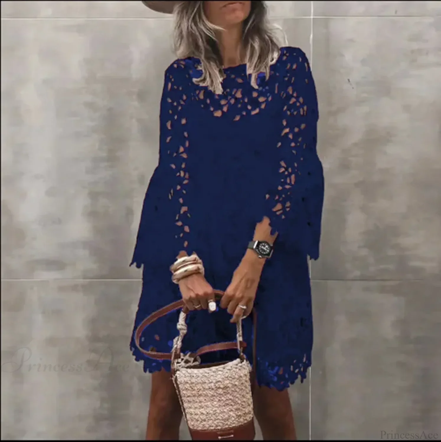 Autumn Solid Color Lace Hollow Floral Casual Floral Dress - Image 6